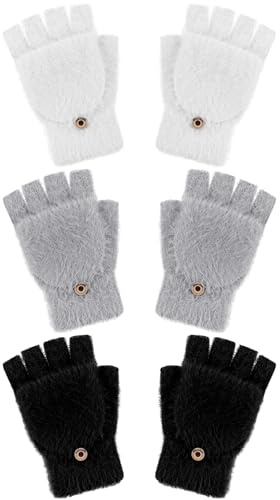 Geyoga 3 Guantes sin Dedos de Invierno para Mujer Manoplas Convertibles Guantes Manoplas Medio(Negro, Blanco, Gris,1-4 años)