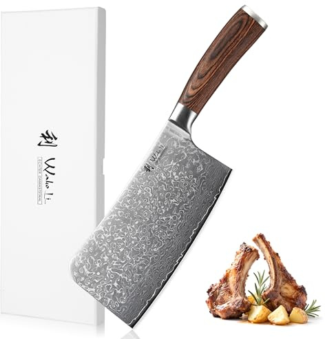 Wakoli EDIB Sakura Hackmesser 18 cm Klinge, 67 Lagen Damaststahl, VG10-Kern | 484 g Gewicht, Pakkaholzgriff, 60 ± 2 HRC und beidseitiger 15° V-Schliff für kraftvolle, kontrollierte Schneidarbeiten