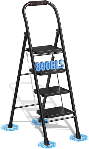 4 Step Ladder, Folding Step Stool with Wide Anti-Slip Pedal & Thick Rubber Feet, Handrail, Safe-Lock Design, Folding Portable Ladder for Multi-Purpose, 800lb, Black