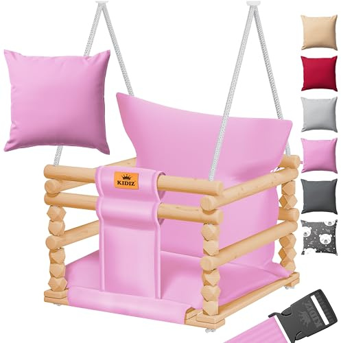 KIDIZ Columpio infantil para bebés a partir de 6 meses y niños pequeños hasta 3 años | columpio de madera regulable y asiento con acolchado | Columpio para interior y exterior, color rosa