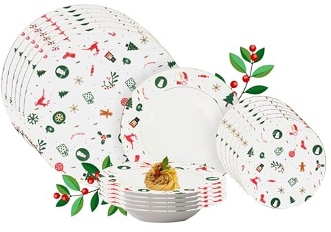 Villa Altachiara Piatti Natalizi, Servizio da 6 Persone, Piatti Natale in Porcellana New Bone China, 18 Pezzi Decorati con Fantasie Natalizie – Idea Regalo Natale per la Tavola delle Feste