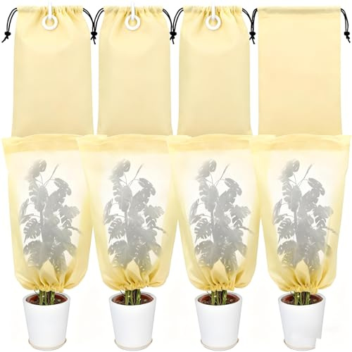 4 Pièces Sac hivernage Plante Exterieur, 60 x 80cm Voile Hivernage Plante Exterieur avec Cordon de Serrage, Antigel Perméable, pour Protéger Plantes d'Extérieur, Arbustes et Plantes en Pot