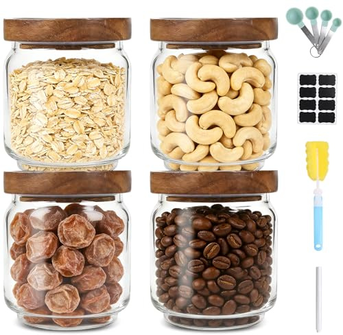 Luabue 4 Piezas Tarros de Cristal con Tapa Frascos de Vidrio Herméticos 450ml Botes de Cristal con Tapa de Madera para Alimentos, Pasta, Cereales, Legumbres, Café