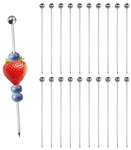 Vauki Lot de 20 brochettes à cocktail en acier inoxydable et pics à fromage, réutilisables, pour amuse-bouches, fruits, fromage, cocktails et punch – Accessoire élégant pour les fêtes et la maison