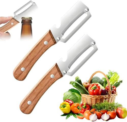 Stainless Steel Vegetable Peeler with Wooden Handle,2-in-1 Multifunctional Tool with Bottle Opener,Ergonomic Potato Peeler & Fruit Slicer, Sharp Blade for Carrot, Apple, Easy Grip Kitchen Tool (2pcs)