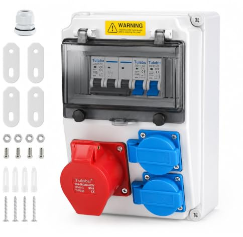 Distributeur de courant de chantier IP65 pré-câblé, 2 x 16 A 1P LS 32 A 3P LS, 1 x CEE 16 A 5 broches, 2 x Schuko, rabat transparent, répartiteur ABS ignifuge pour intérieur/extérieur ateliers usines
