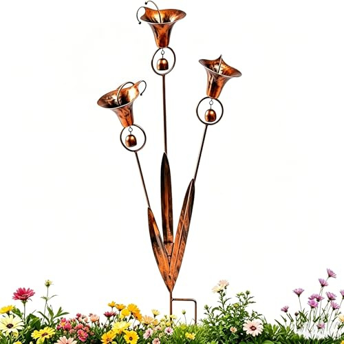 Flamed Copper Three Calla Lilies Garden Stake with Bells, Handmade Metal Plant Sculpture Outdoor Yard Art, Rustic Rain Catcher Wind Bell Stake for Lawns Patios & Garden (1PCS)