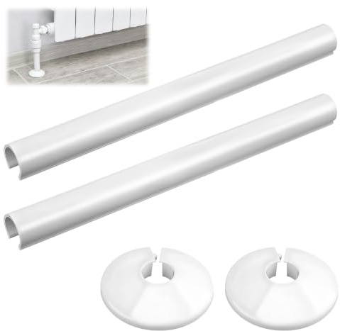 2 Pcs Radiator Pipe Covers and Collars White, 15mm x 200mm Snap-On Plastic Pipe Sleeves, Decorative Radiator Tube Caps for Home Heating Systems