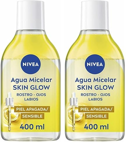 NIVEA Agua Micelar Bifásica Skin Glow - Limpiador Facial - Con 5% Sérum de Vitaminas C y E - Desmaquillador Ojos Rostro y Labios - Energizante - Ilumina - Hidratante - Piel Apagada y Sensible - 400 ml