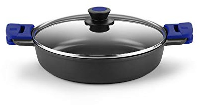 BRA Advanced - Faitout Bas 28 cm, Noir, Fonte D'Aluminium, avec Antiadhésif Teflon Profile Renforcé sans PFOA, avec Couvercle en Verre et Anses en Silicone Démontables