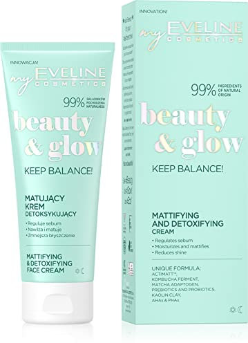 EVELINE Beauty&Glow ¡Mantén El Equilibrio! Crema Matificante Desintoxicante Apta Para Veganos Suavizante Calmante Limpiadora Antioxidante Suavizante 99% Ingredientes Naturales 75 ml