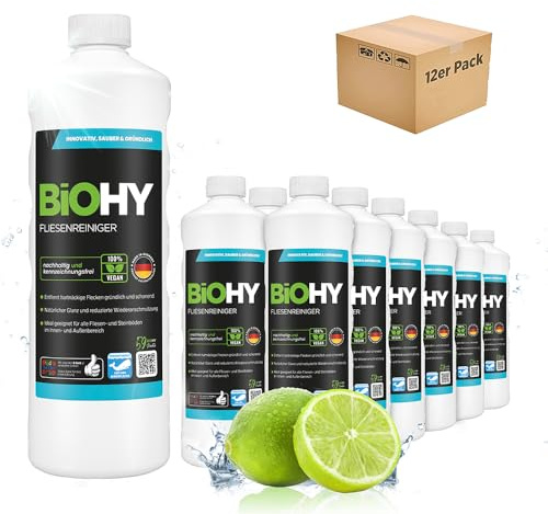 BiOHY Fliesenreiniger (12x1l Flasche) | speziell entwickelt für Stein- & Fliesenböden | hinterlässt eine schmutzabweisende Glanzschicht | entfernt jegliche Art von Schmutz mühelos
