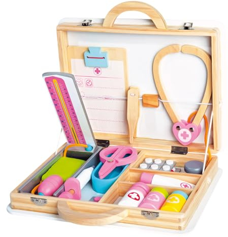 Bino world of toys - Medizinisches Set im Holzkoffer, Kinderspielzeug, Mehrfarbig (83531)