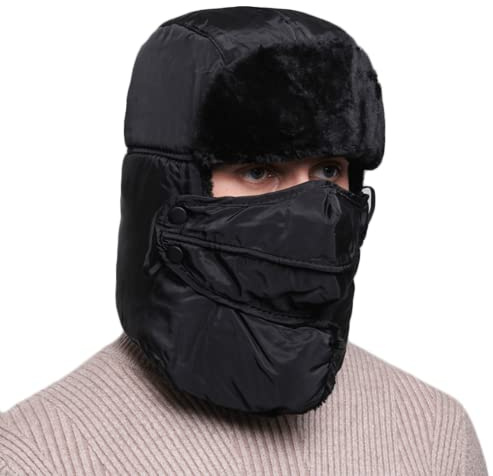 iEasey Winter Trappermütze , Winddicht Wintermütze mit Ohrenklappen Thermo Bombermütze Baseballkappe Schirmmütze, Schneefest Aviatormütze Snowboarden Radfahren, Schwarz verlängern, Einheitsgröße