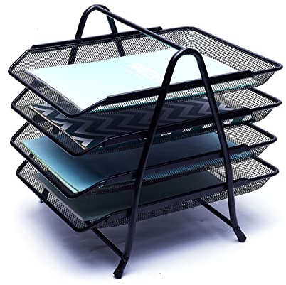 EXERZ Briefablagen 4 Ebenen, freistehender Papiersortierer, Schreibtisch-Organizer, Aktenhalter,Drahtgitter-Metall-Aktenregal - Büro, Schule, Zuhause, Arbeitszimmer (4 x schwarz)