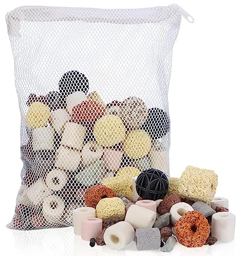 Segarty Filter Media,12 in 1 Bio Media for Aquarium Sump Filter Ceramic Rings Activated Carbon Bio Balls Freshwater Marine Biological Filter Media for Koi Fish Tank Pond Canister (1.1lb with Mesh Bag)