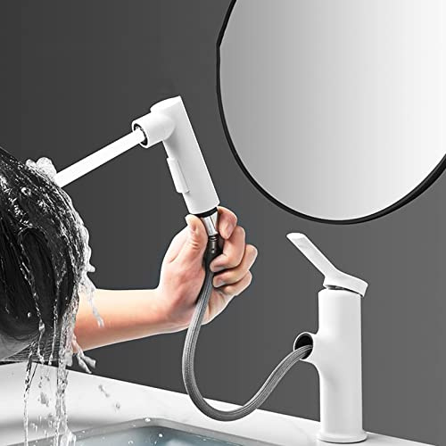 Waschbeckenarmatur Bad Ausziehbar Heiß Und Kalt Armatur Waschbecken Einloch Wasserhahn Badezimmer Mit 3 Modi,Weiss