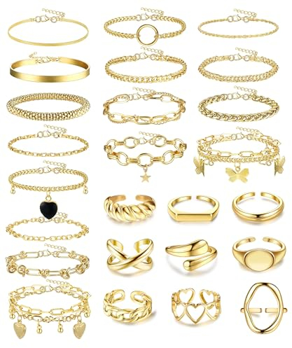 Kakonia 25 Stück Gold Kette Armband Klobiger Offener Ring Für Damen Chain Layer Layering Layered Cuban Link Verstellbar Mehrschichtiges Armband Chunky Ring Gliederkette Schmuck Set Für Damen