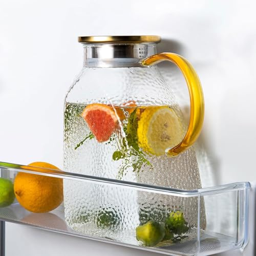 Glass Pitcher With Lid and Spout, 1.8 Liter 60 oz Glass Pitchers With Handle And Lid, Jug Water Pitchers For Fridge, Carafe Jar for Hot/Cold Water Iced Tea Juice Coffee Milk Beverage