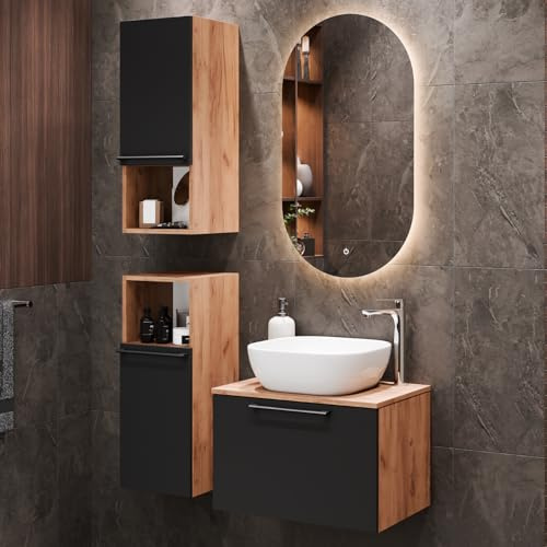Planetmöbel Astra Badmöbel Set mit Waschtisch 60 cm mit 2X | Midischrank, Gold Eiche Anthrazit, Aufsatzwaschbecken 42 cm weiß, Spiegel (mit LED) 50cm