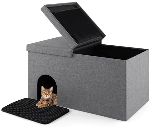 GYMAX Faltbare Katzenhöhle, Katzenhaus für große Katzen mit Kratzbrett, Klappdeckel & Trennwand, Stabiler Katzenmöbel als Sitzbank & Katzentoilette, Katzenversteck 90 x 50 x 50 cm (Grau)