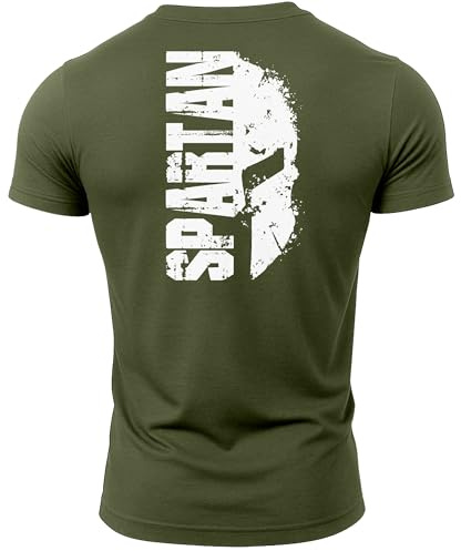 GYMTIER Spartan Split Helmet - Camiseta de gimnasio para hombre con diseño de casco espartano para culturismo, entrenamiento y levantamiento, verde, S