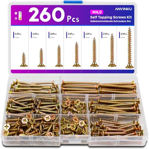 ANVINKU Wood Screws Assortment, 260PCS M4 Self Tapping Screws, Furniture | Color Zinc Countersunk Screws, Flat Head Screw Set for Woodworking Repair DIY Cabinet Door Hinge