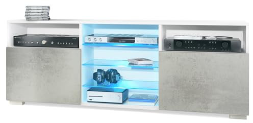 Vladon TV-Board Granada, Lowboard mit 2 Türen und 6 offenen Fächern, Korpus Weiß matt, Fronten in Beton Oxid Optik mit RGB LED-Beleuchtung (146 x 54 x 35 cm)