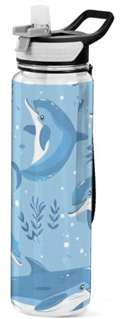 Cute Dolphins Marine Life Water Bottle with Straw 1 Litre Sports Bottle Tritan BPA Free Clear Drinking Bottle for Adults Outdoor School Gym Travel