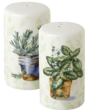 Juego de salero y pimentero de porcelana para tomillo y salvia con temática de hierbas de jardín, color verde, blanco y marrón, 6 cm