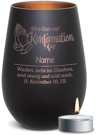PR Print Royal Schwarzes Windlicht mit Gravur - Alles Gute zur Konfirmation - mit Name Personalisieren - Geschenke zur Konfirmation, Konfirmationsgeschenke | inkl. Teelicht, 450 ml, Innen Bronze