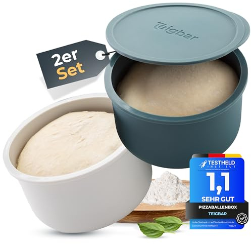 Teigbar« Pizzaballenbox mit Deckel, 2er Set - platzsparende Teigbox aus löse-leichtem Silikon - bis zu 350g Pizzateig Box mit Deckel, Pizza Box - Blau/Weiß - Ø13cm