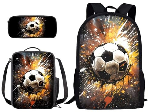 Wpamlrta Colored Paint Splatter Soccer Print School Backpack 3 Pieces Set for Boys Girls with Lunch Box Pencil Case Primary/Middle School Bag Teenager Bookbags