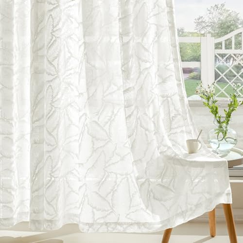 MIULEE Gardinen 2er Voile Vorhang mit Blattmuster Ösen 160×140cm Weiß | Halbtransparente Voile mit zartem Vorhang mit Blattmuster, sanfte Lichtdurchlässigkeit für Wohn-, Schlaf- und Kinderzimmer