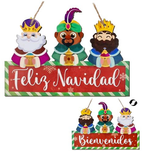 BETESSIN 1 pieza Cartel Colgante Reyes Magos, Decoración Madera Feliz Navidad para Puertas, Adorno Navideño Letrero Pancarta Bienvenidos de Puerta Pared Ventana Escaparate