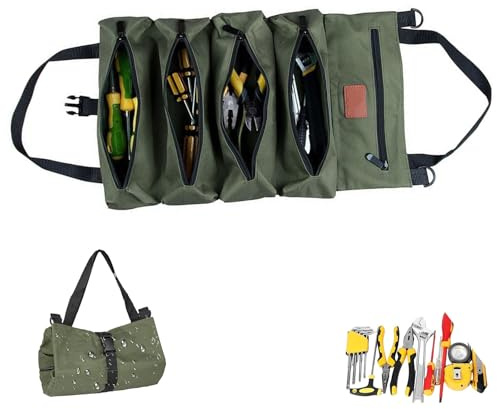 Werkzeug Rolltasche,Werkzeugtasche Klein,Canvas Schraubenschlüssel Werkzeugtasche mit 5 Reißverschlusstaschen,Ideal für Klempner Handwerker und Elektriker,Grün
