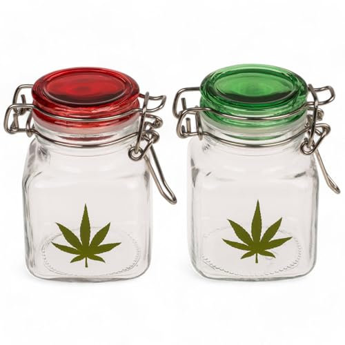 MIJOMA Lot de 2 bocaux en verre motif feuille de cannabis - Bocaux hermétiques pour herbes, épices, bonbons - Récipients en verre joint silicone 4 x 7 cm