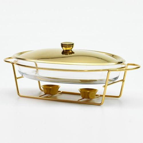 AFLEPCBRQ Ovaler 3-Liter-Warmhaltebehälter, Chafing Dish-Buffet-Set, mit Glastopf, Metalldeckel, Edelstahlständer, für Partys, Buffets, Hochzeiten