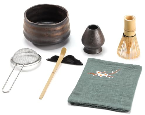 Mycketop Premium Matcha Set, 7 Piezas, cuenco de cerámica, batidor de bambú, tamiz de matcha, cuchara de té, paño de té, 2 soportes, juego completo para regalo de, Negro con Acento Dorado