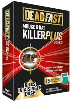Deadfast Mouse and Rat Killer Plus, Single Dose Rodenticide, Cereal-Based Bait for Mice & Rats, Ready-to-Use Sachets, Effective Pest Control Indoors & Outdoors Around Buildings (15 Paste Sachets)