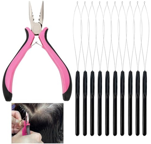 11PCS Professional Hair Extension Pliers for Removal Kit,Includes Pliers & Loop Threader,for Easy Installation/Removal,Mini Hair Extension Tools for Stylists,DIY,Hair Styling Tools (Pink & Black)