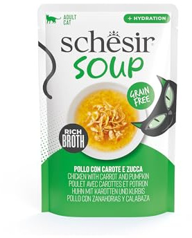 Schesir, Soppa med kycklingfiléer med morötter och pumpa, i kuvert, kompletterande våtfoder för katter, originalrecept, 100% naturligt, 12 påsar med 40 g