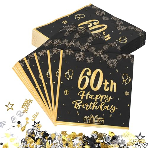 40 Stück Servietten 60. Geburtstag Deko, 33x33cm Schwarz Gold + 1 Pack 60 Geburtstag Deko Papierkonfetti, Happy Birthday Tischdeko für Männer Frauen Jubiläum Party Tischdekoration