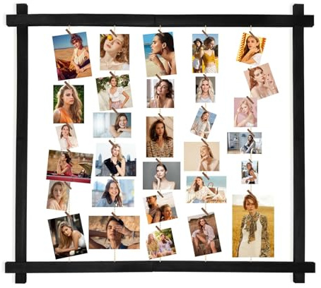 PHOENANCEE Cadre photo en bois pour plusieurs images, cadre photo collage mural avec clips, panneau photo suspendu pour la décoration intérieure(Noir Rustique, Lot de 1)