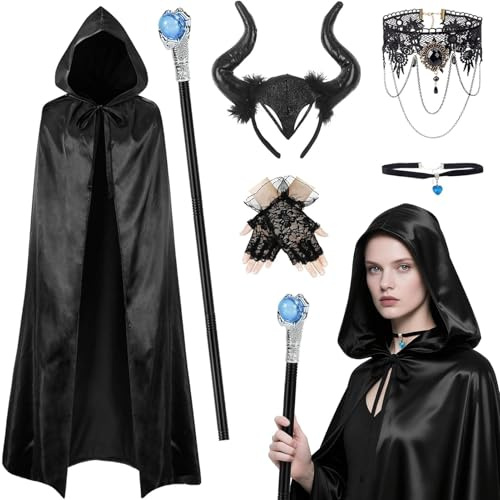 6Pcs Halloween Kostüm Damen Set - Malefiecent Kostüm Teufel Kostüm Damen mit Zauberstäbe & Teufelshörner Haarreif & Gothic Accessorie,Böse Königin Umhang mit Kapuze Teufelkostüm Halloween Karneval