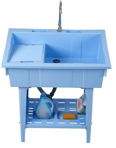 Fregadero Exterior Jardin, Pila Lavadero, Fregadero Independiente con Tabla de Lavar, Grifo, Desagüe y Soporte, Ideal para Patio, Garaje, Jardín, Taller(Blue)