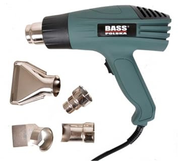 BASS Polska Pistola ad aria calda 2000 W con set di ugelli, 2 livelli di temperatura 400°C/600°C, 300/500 l/min, flusso d'aria, elettrica 230 V