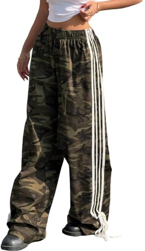 ZAFUL Womens Side Striped Pant Baggy Wide Leg Sweatpants Elastic Waisted Contrast Stripes Loose Fit Trousers(Camouflage,XL)
