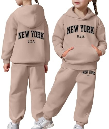 Kids Tracksuit Full Set Girls Boys 2 Piece Oversized Outfit Letter Print Hoodie and Loose Trackpants Bottom Girls Boys Sweatsuit Y2K Activewear Comfortable Loungewear Sets for Everyday Khaki