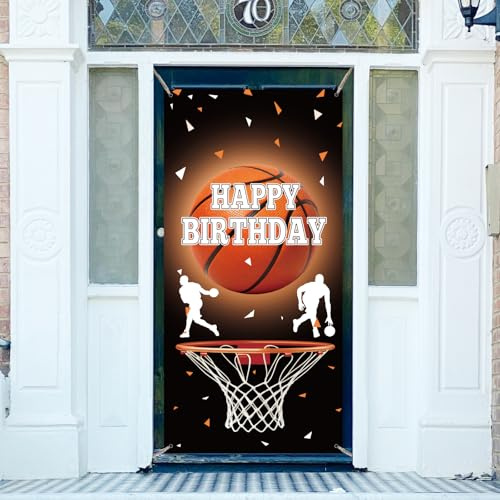 arricraft 1 Pc Happy Birthday Polyester Door Cover, 72.83x35.43 Basketball Birthday Party Backdrop Banner Door Porch Sign Photography Background for Party Porch Home Decor Accessories